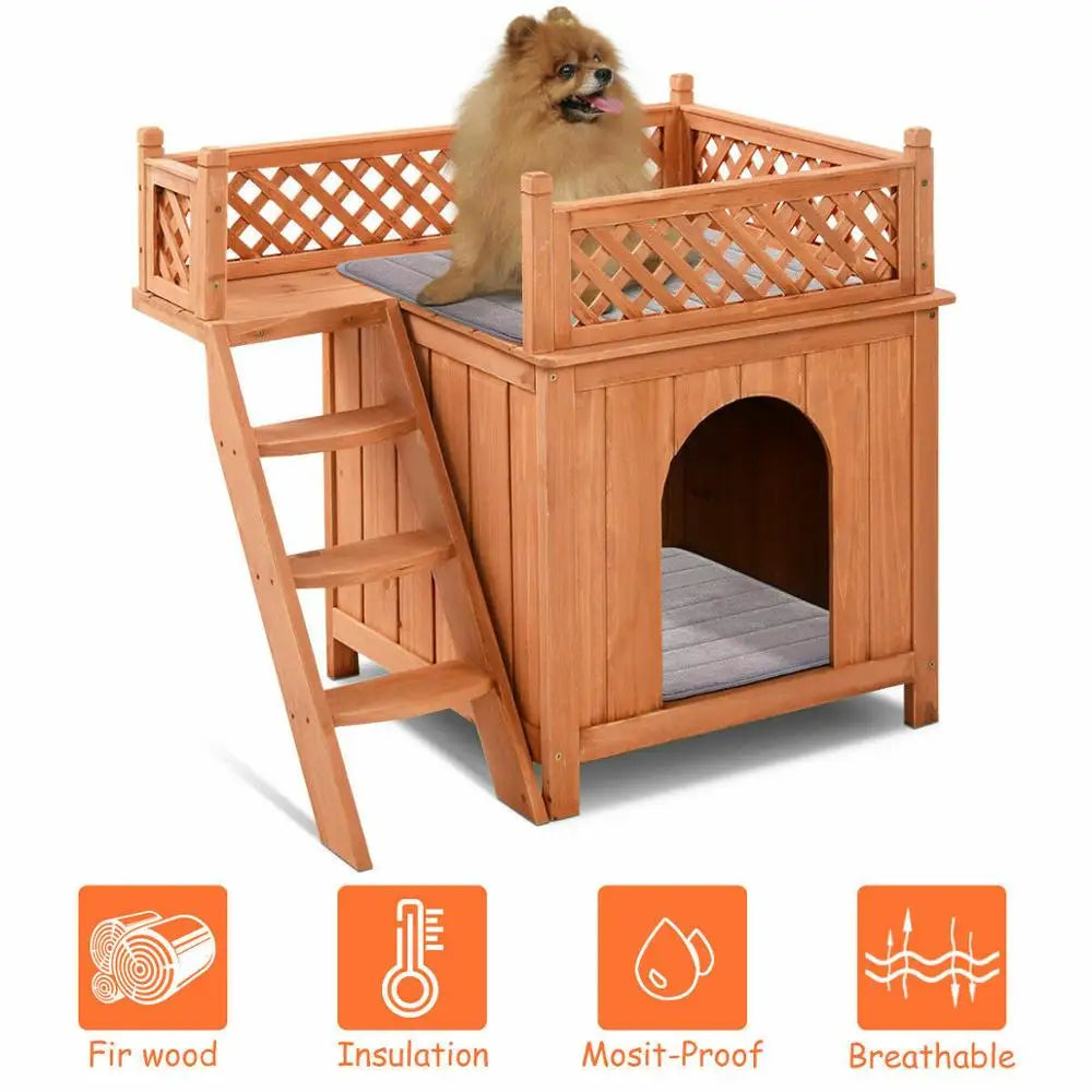 Costway Wooden Puppy Pet Dog House Wood Room In/Outdoor Raised Roof Balcony Bed Shelter