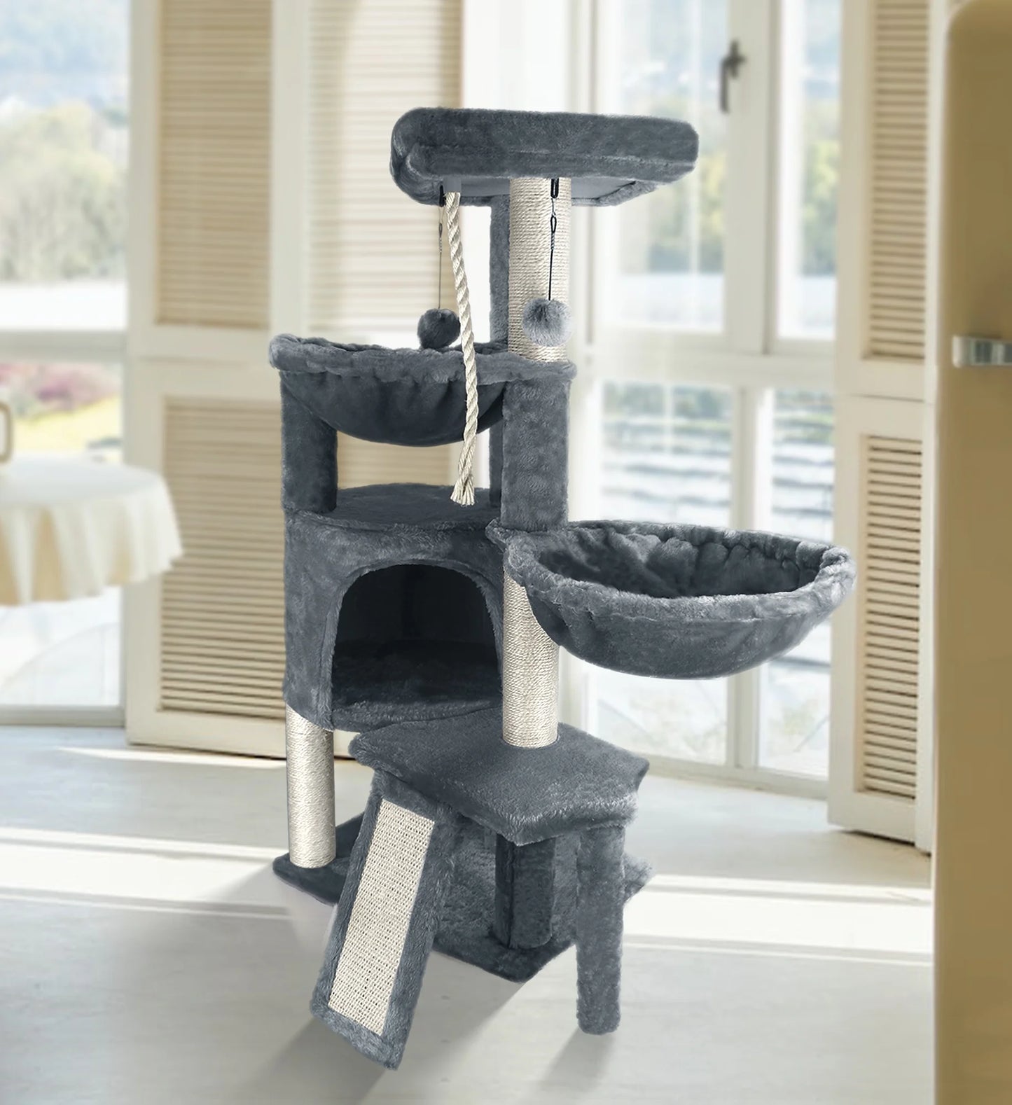 Cat Tree Cat Tower with Scratching Posts, Activity Centre Climbing Tree Cat Furniture with Cat Condo and Two Hammocks, Grey