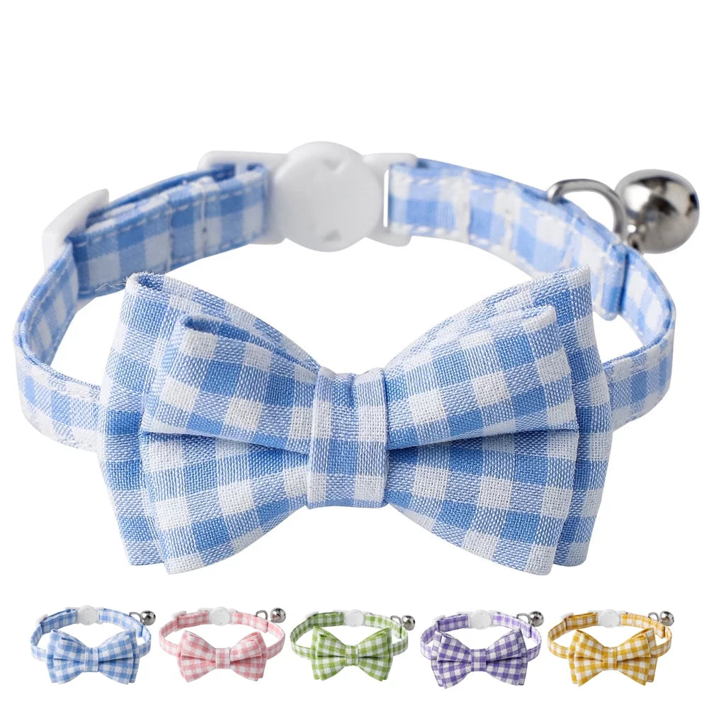 Feelers Cat Collar with Bow & Bell, Cute Plaid Patterns Collars, 1 Pack, Blue